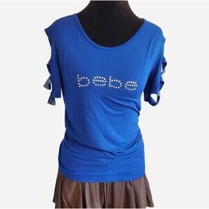 Bebe Y2k Blue Rhinestone Bling Spell out Top Cutoff Bling Sleeves Size S Mcbling